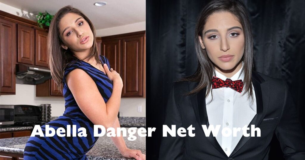 Two images of a woman in a suit and tie, representing Abella Danger's professional persona and success.