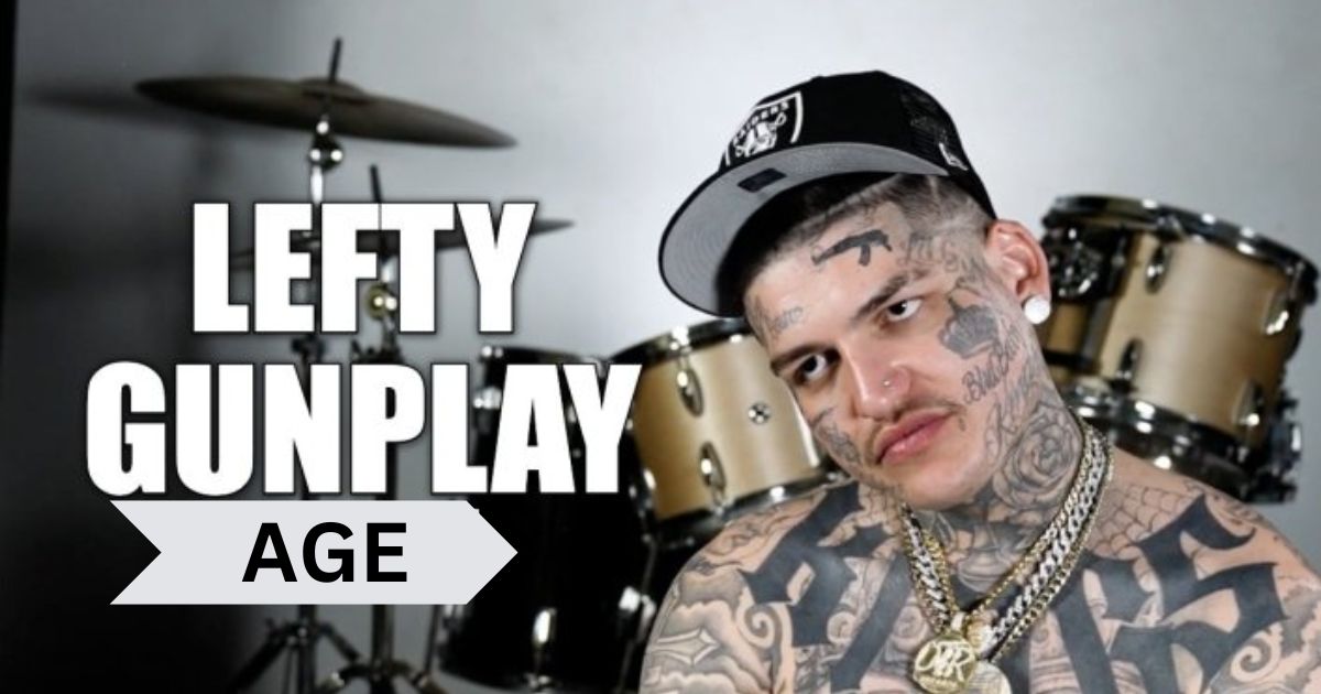 A man with facial tattoos prominently displaying the phrase "lefty gunplay age" in a striking visual composition.